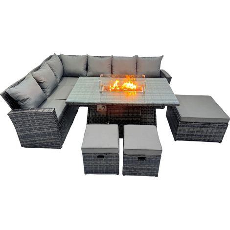 Fimous 9 Sitzer Outdoor Hoher Rücken Rattan Gartenmöbel Esstisch Set mit Hockern Dunkelgrau gemischt (1/5)