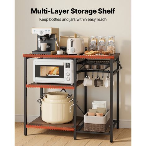 VEVOR Kitchen Bakers Rack, 35.4 inch Width Bakers Rack, Kitchen Stand with X-Shaped Support Bar, 5 S-Shaped Hooks, Multi-Layer Storage Shelf, Coffee Bar Stand for Dishes & Bowls, Spice Bottles (1/4)