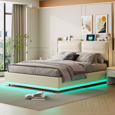 Polsterbett 160x200 cm für Erwachsene - Doppelbett mit Bettkasten, kabelloser Ladefunktion, USB/Type-C-Anschlüssen und LED - Samt - Beige