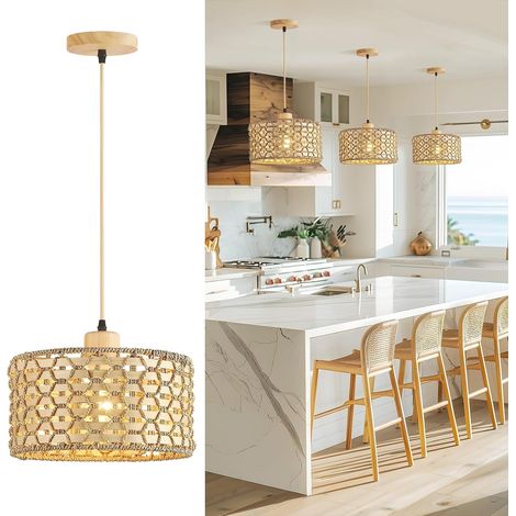 Suspension Rotin Tissé à La Main,30Cm 1-Lumières Boho Bambou Lustre Salon Ferme E27 Décoration Bois Luminaires Intérieur Pour Cuisine Chambre Salon Salle à Manger (1/5)
