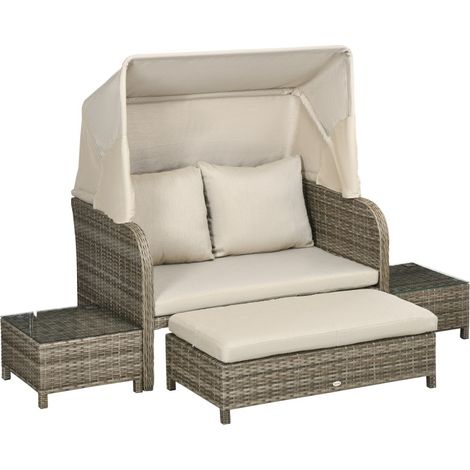 Salon de Jardin Exterieur en Poly Rotin Modulable Bain de soleil 2 Places 1 Canapé et 1 Tabouret Pouf avec Repose-pieds inclinable, Mobilier de Jardin pour Amenagement Balcon Terrasse Veranda (1/5)