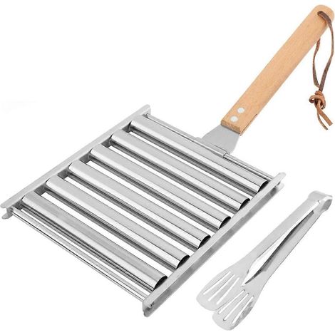 Rouleau à hot-dogs pour barbecue avec spatule en métal et long manche en bois --- (1/5)