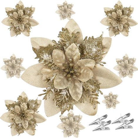 20 Pièces Fleurs de Poinsettia Artificielles à Paillettes de Noël avec Clip Fleur Poinsettia Noel Sapin de Scintillantes pour Guirlande Couronne Décoration Nouvel an Ornements(Or) (1/5)