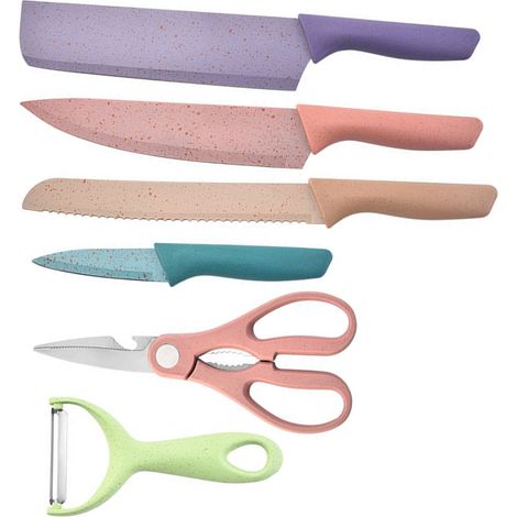 6-teiliges Set aus Edelstahlmessern mit beschichteten Griffen aus Weizenstroh, vielseitiges Küchenmesser, Sparschäler und Schere, 1,0 mm Stärke, Geschenkbox (1/5)