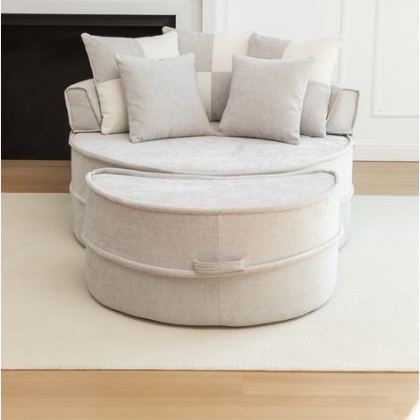 Fauteuil rond 1 place avec ottomane, 5 coussins, chenille gris, 163 x 121 x 66 cm (1/5)