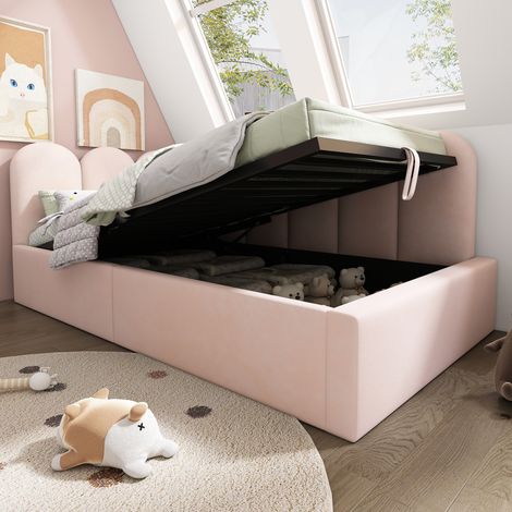 Canapé-litatelier 90x190 cm, banquette capitonnée velours rose avec coffre de rangement hydraulique, sommier à lattes en métal, lit junior sans matelas, design gain de place (1/5)