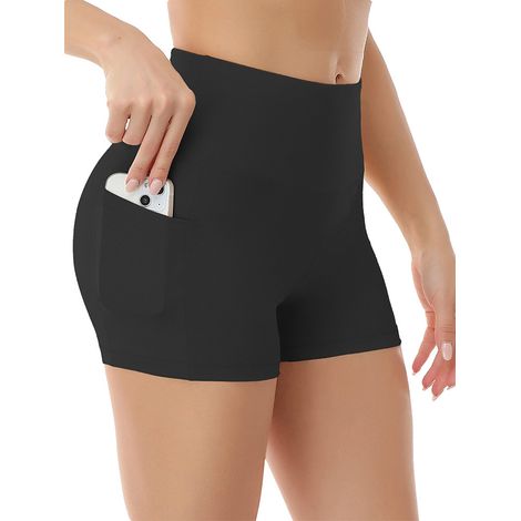 Short de yoga, short femme, poches latérales avec poche pour téléphone, taille haute, yoga et fitness, pantalon de sport, sous-vêtement, multicolore noir XXL noir XXL noir (1/5)