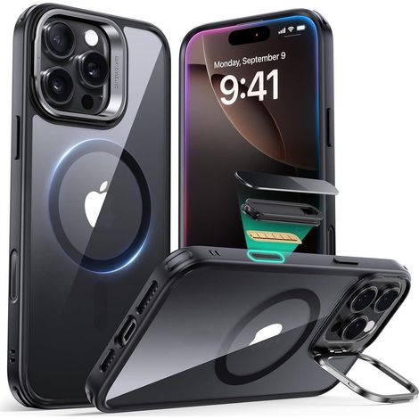 Coque iPhone 16 Pro Max avec support MagSafe, béquille intégrée, protection militaire, noir mat (1/5)