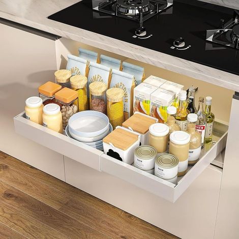 Organisateur de placard extensible – tiroir coulissant fluide et réglable, idéal pour les placards de cuisine, le rangement de salle de bain, le garde-manger et l’espace sous l’évier (blanc, 1 pièce) (1/5)