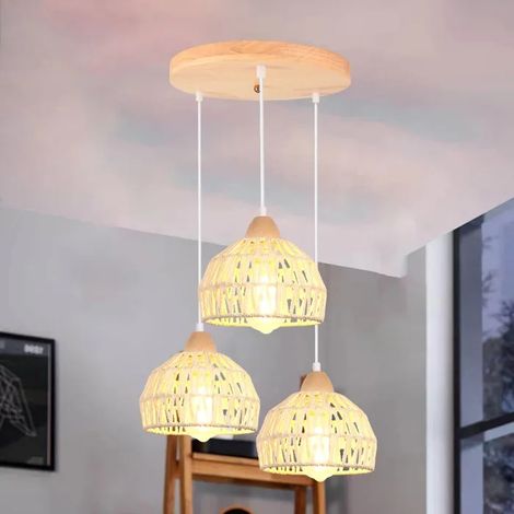 3lampes Suspension Luminaire Industriel Lustre Vintage en Bois Rotin Cage Abat-jour E27 Éclairage Décoration pour Salon (1/5)