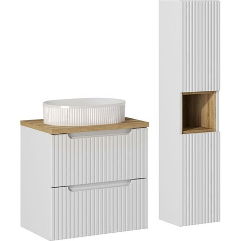 Conjunto de muebles con lavabo individual 60cm 2 cajones y columna Riva Blanco y Madera