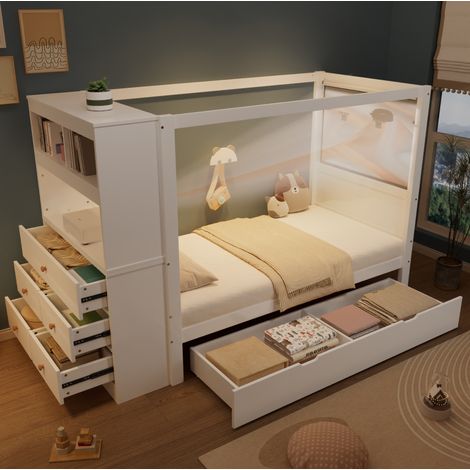 Kinderbett 90/200 cm weiß aus Kiefer und MDF mit Stauraum und Fallschutz (1/5)