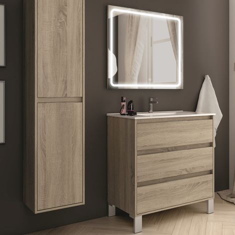 Meuble de salle de bain simple vasque - 3 tiroirs - cambrian (chêne clair) - TIRIS 3C et miroir Led VELDI - 80cm (1/5)