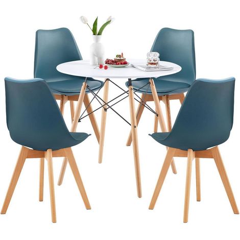 Esstisch-Set 5-teilig rund mit 4 Stühlen, Buchenholzbeine, Dunkelblau (1/5)