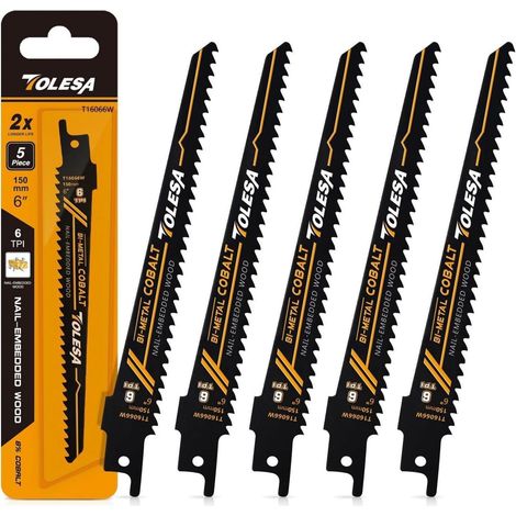 Lames de scie sabre bi-métal 150mm 6TPI pour bois avec clous, 5 pièces (1/5)