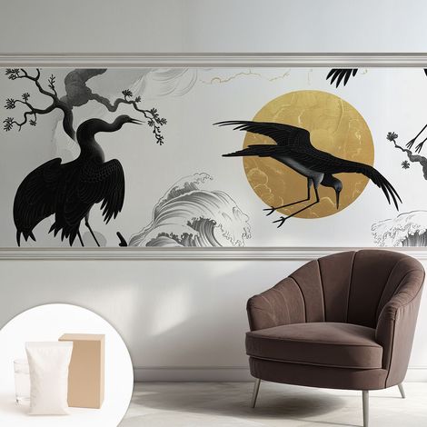 Papier peint intissé pour salon chambre à coucher peint imprimé Installation facile - Colle incluse gratuite Grues noires 250x104 cm (1/5)
