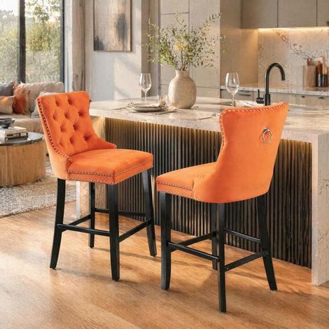 Taburete de bar naranja de terciopelo 60 x 47 x 103,5 cm con patas ajustables FloraGrace (1/5)