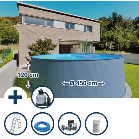 Stahlwandpool Set (7-teilig) hoch rund 450 x 120 cm, Stahl 0,4 mm anthrazit Folie 0,4 mm blau (1/5)