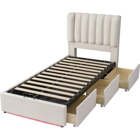 Cama infantil canapé 90x200 cm de terciopelo beige con 3 cajones y LED (1/5)