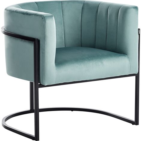Sillón de estilo glamuroso de terciopelo verde menta y con estructura de metal negra Larvik II