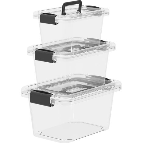 Boîte de rangement en plastique avec poignées, Conteneur de rangement, adaptée à la maison et au bureau, facile à transporter, ultra-transparente, 6L+10L+18L - lot de 3 (1/5)
