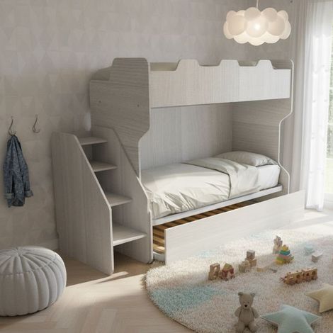 Letto a castello salvaspazio con terzo letto estraibile e scala laterale - Ideale per camerette - Rovere rock