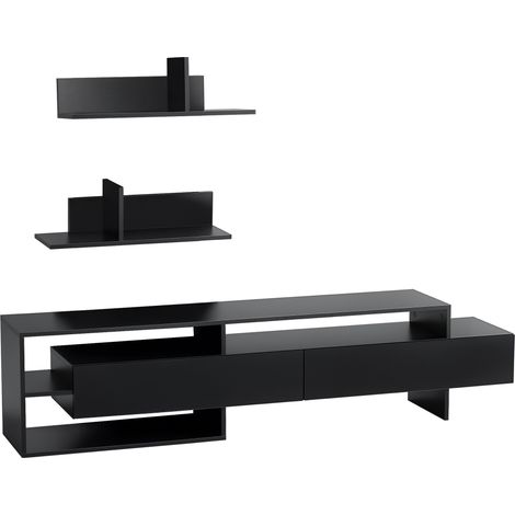 Mobile Porta TV Moderno con 2 Mensole in Legno, Mobiletto per Televisore con Vani Aperti e Armadietti, Nero