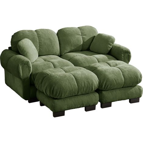 Canapé modulable 2 places en chenille vert avec ottomane mobile, design en U, coussins épais et confortables (1/5)