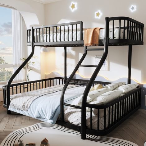 Lit Superposé Métal Noir 90x200/140x200 cm - Lit Triple Solide avec Échelle & Sécurité EN747 - Sans Matelas (1/5)
