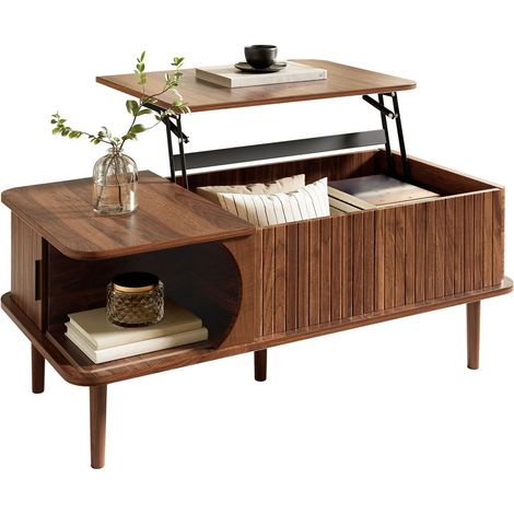 Table basse, plateau relevable table basse salon, finition noyer, rangement porte coulissante, pieds bois, style rétro (1/5)