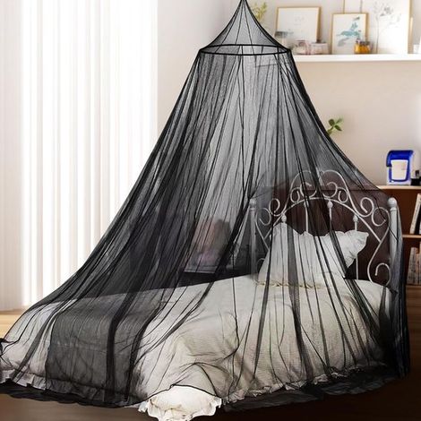 Zanzariera a baldacchino, 0,6 x 2,5 x 10,5 m, per letto singolo/matrimoniale/per bambini con set completo di accessori, zanzariera da campeggio, universale, a cupola, nera (1/4)