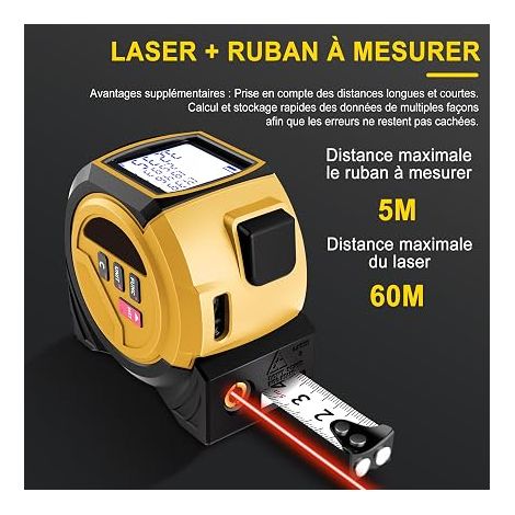 Mètre Laser Télémètre Laser Ligne Croisée Ruban à Mesurer Acier Ruban à Mesurer Numérique Électronique écran LCD Unités M/Ft/in pour Longueur/Zone/Volume (1/4)