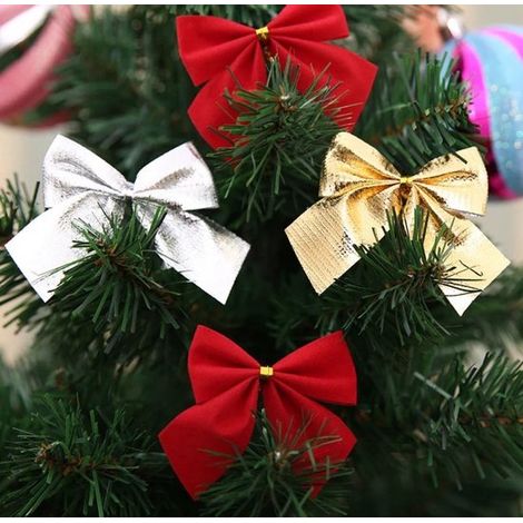 Lot de 12 nœuds de Noël - 6 x 5,6 cm - En tissu - Pour sapin de Noël - Décoration de sapin - Accessoire (1/5)