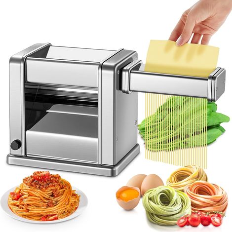 Electric Dough Machine Stainless Steel Dough Rolling Mill with 2 Blades of 1.5 mm Round and 6.6 mm Flat, 7 Thickness Settings for Spaghetti/Fettuccine/Dumplings/Ravioli, Silver (1/5)