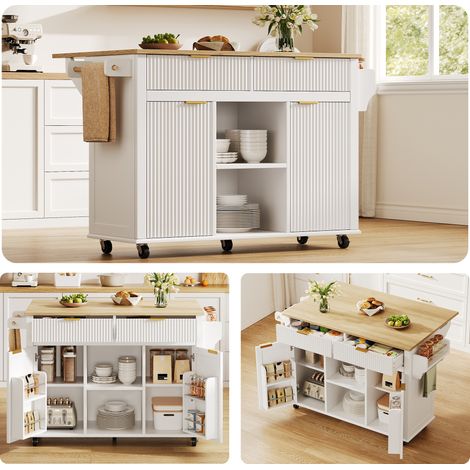 Kücheninsel auf Rollen 120 x 45 cm mit klappbarer Arbeitsplatte, Küchenwagen mit 2 Schubladen, 2 Türen, Gewürzregalen und Handtuchhaltern, Rollbarer Küchenschrank mit Stauraum, Weiß (1/5)