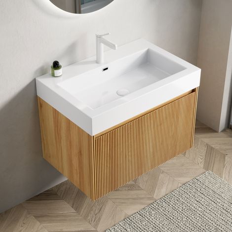 Meuble vasque suspendu 70x46x50 cm en résine et contreplaqué naturel, gain de place – MEUBLIV (1/5)