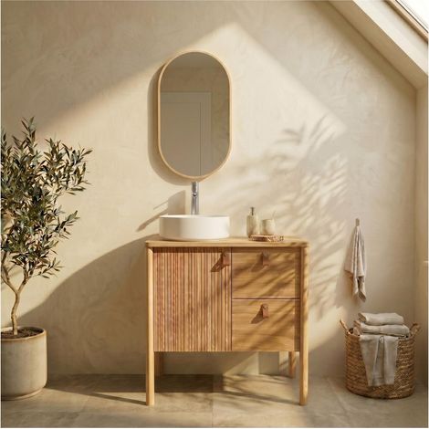 Ensemble meuble simple vasque 80 cm sur pieds en placage chêne avec vasque en céramique blanche, robinet et miroir ovale