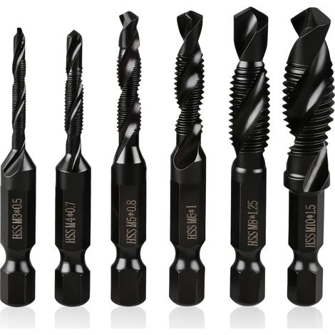 Kit de 6 forets taraudeurs combinés M3 M4 M5 M6 M8 M10 - taraudage percement simultané, revêtement nitrure de titane, queue hexagonale 6mm