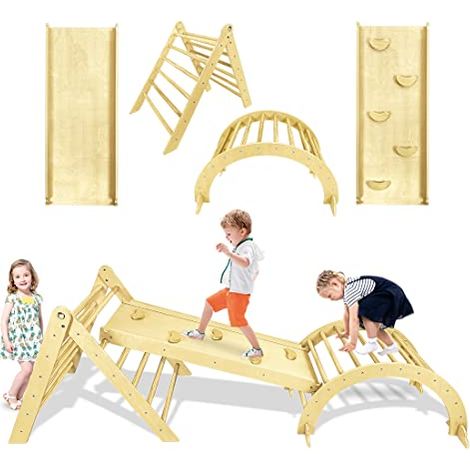 Kletterdreieck 3-in-1 Multifunktion Klettergerüst Indoor Montessori Birkenholzspielplatz Kinder Klettern mit Rutsche/Steinen Rampe & Kletterbogen Lernspielzeug für Kinder Max. 40KG NAIZY (1/5)