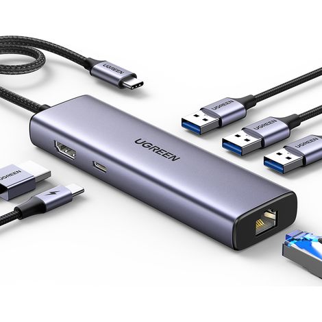 Ugreen 6-in-1 USB-C auf 3x USB-A 3.0 / HDMI / RJ45 / USB-C PD - Grau (1/5)