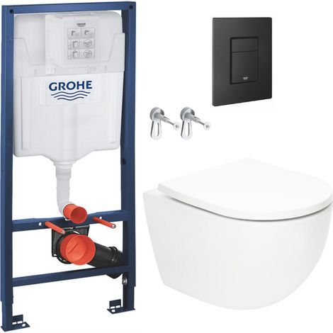 WC-Set Grohe Rapid SL + SAT Tornado Rimless Hänge-WC SoftClose Weiß + Grohe Even Betätigungsplatte Schwarz matt