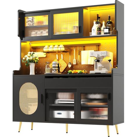 Buffet / meuble de rangement / meuble de cuisine / buffet d'appoint, 145x39x171cm, style maison de campagne, 5 portes, avec bande lumineuse LED et panneau perforé d'organisation, portes en verre canne (1/5)