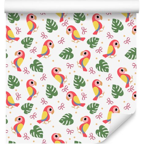 Papier peint perroquets blanc et corail pour salon et chambre 50x1000 cm (1/5)