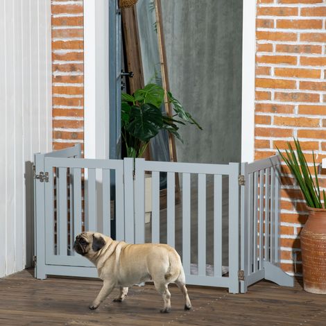 Barrière chien pliable en bois double face, 4 panneaux avec porte et pieds, 205x60 cm, gris, sécurité animaux, clôture intérieure extensible (1/5)