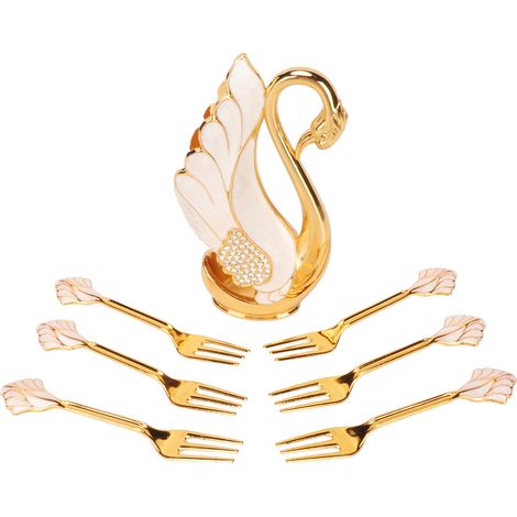 Support innovant en forme de cygne, ensemble de couverts à café dorés brillants à bords lisses avec fourchette et cuillère, adapté aux petits restaurants, bars, fêtes, fourchette blanche dorée. (1/5)