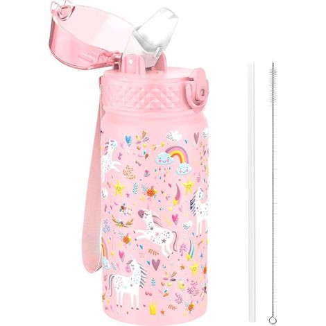 Trinkflasche Kinder Edelstahl Strohhalm Jungen Rosa Einhorn 420ml 14oz (1/5)