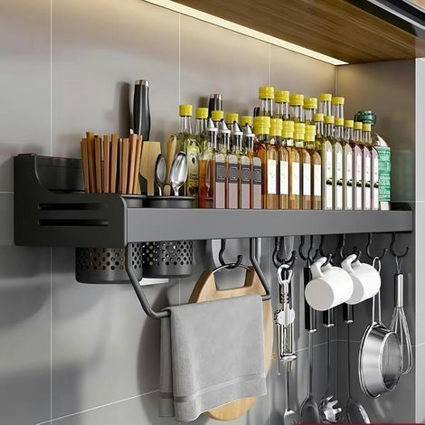 Porta spezie da parete, ripiano per spezie, organizer per spezie, organizer da parete per cucina con gancio mobile, porta posate, porta asciugamani, porta coltelli, 50 cm, nero (1/3)