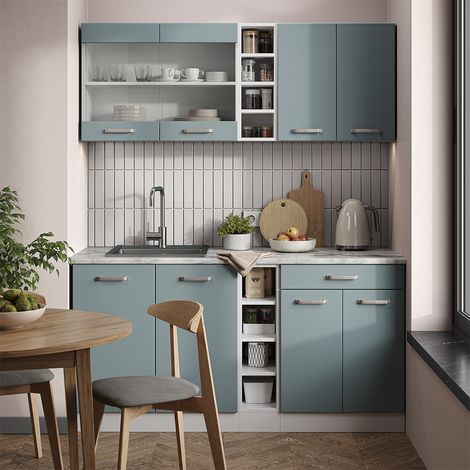 Cucina monoblocco R-Line, Blu-grigio/bianco, 160 cm Senza piano di lavoro, Vicco