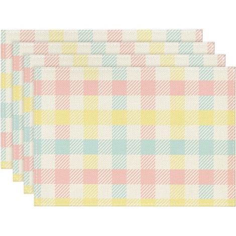 Juego de 4 manteles individuales azules，rosas y amarillos con estampado de cuadros tipo búfalo，de 30 x 45 cm，ideales para fiestas