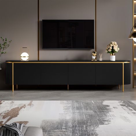 Meuble TV noir de 180 cm en MDF avec 6 portes sans poignées et passe-câbles pieds en fer dorés extrémités arrondies (1/5)